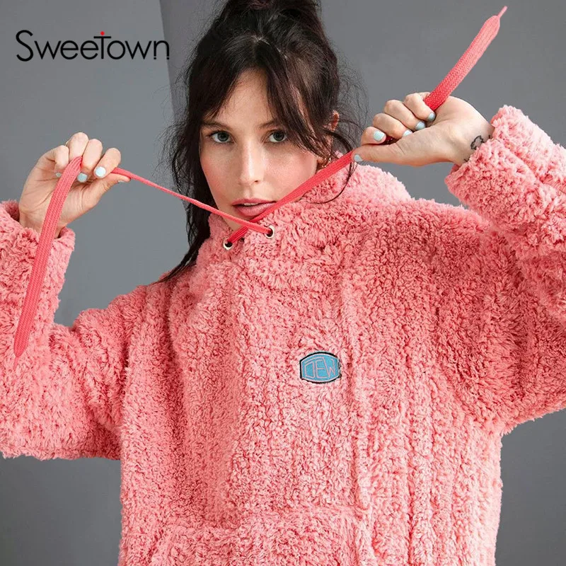 red Sweetown, плюшевое пальто из искусственного меха для женщин, Осень-зима, теплое мягкое меховое пальто с капюшоном, пуловеры для женщин, плюшевое пальто с карманами, повседневная верхняя одежда - Цвет: red