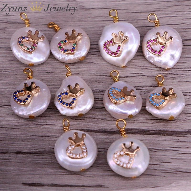 Pendants 6 шт., натуральный пресноводный жемчуг и CZ подвеска Pave круглая Монета Форма белый жемчуг с CZ сердце Корона Подвески ожерелье - Окраска металла: Pendants