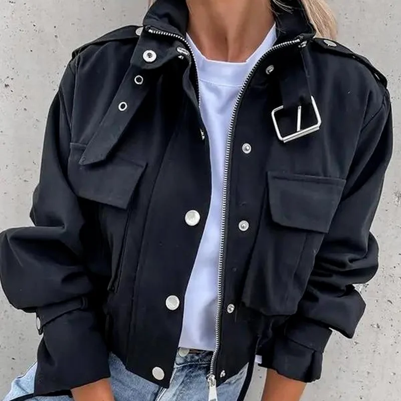 2023 Fashion Street Jacket Spring Autumn Women Casual Turn Down Collar Drawstring Full Sleeve All Match Short Coat with Pockets