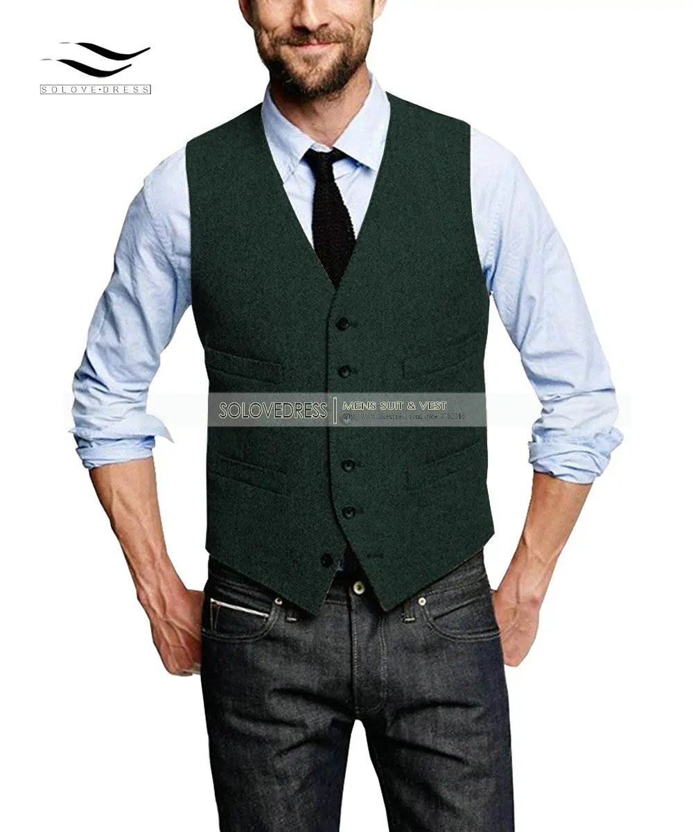 Мужской костюм жилет V образным вырезом шерсть елочка твид Повседневный жилет официальный деловой жилет Groomman - Цвет: Dark Green