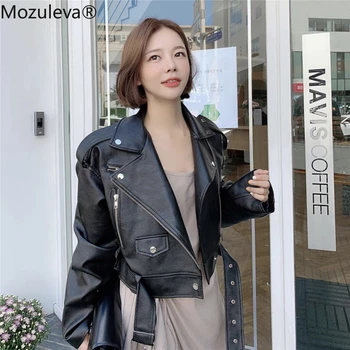 

Mozuleva 2019 Winter Coat Retro High Street Turn-down Neck Women PU Leather Jacket Short Black Faux Leather Jacket Female Loose
