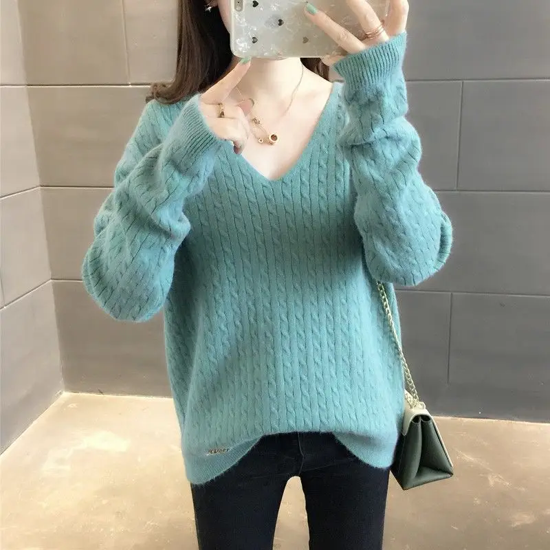 

Autumn Winter New Cashmere Sweater Women Keep Warm V-neck Pullovers Knitting Sweater Fashion Korean Long Sleeve Loose Tops