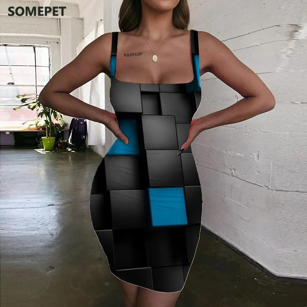 SOMEPET Cube Dresses Women Geometry Sundress Abstract 3d Print