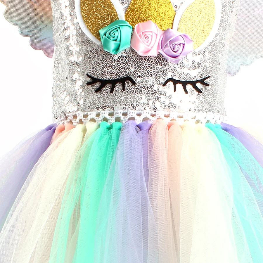 Sequin Unicorn Flower Girls Tutu Dress Pastel Rainbow Pony Dress Kids Halloween Birthday Party Carnival Costume Unicorn Outfit (12)