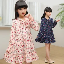 Осеннее Повседневное платье с принтом для девочек, детская одежда с длинными рукавами, шифоновые платья