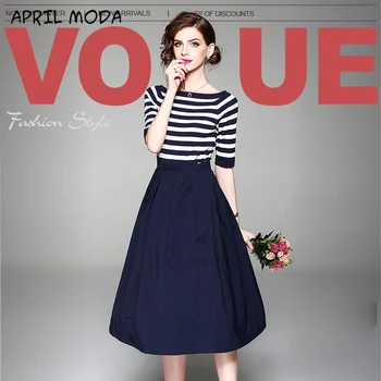 

Fashion Commuting Style Word Collar Striped Knitted T-Shirt Solid Color Stitching Skirt Women 2020 Spring Summer Two-Piece Suit