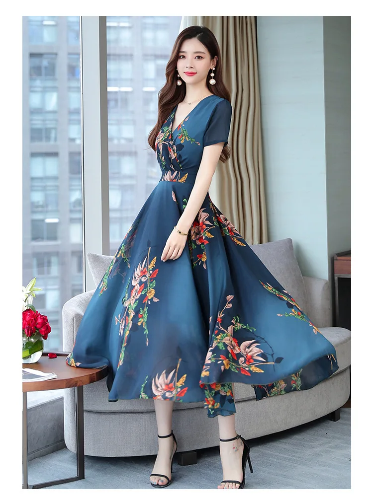 Spring New Printed Ice Silk Dress Floral Fashion Mid-waist Ladies Long Skirt Vacation Beach Skirt  Dress for Women shirt dress