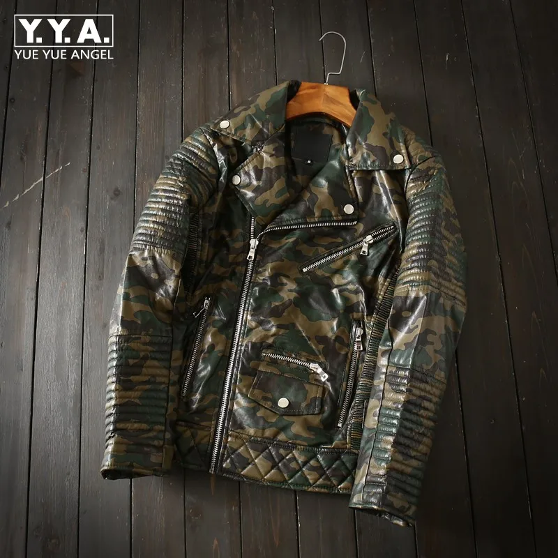 Men Motorcycle Pu Leather Jacket Autumn Winter New Camouflage Vintage Zipper Short Coat Fashion Bla
