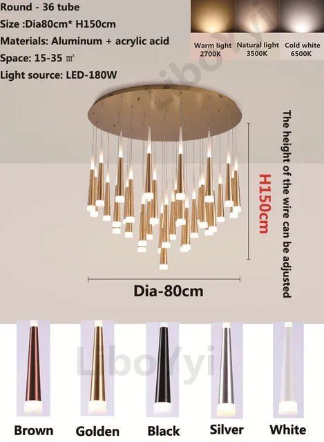 Modern Design Gold Black Minimalist Luster LED Chandelier for Bedroom Dining Living Room Loft Restaurant Cafe Interior Home Deco Round - 36 tube