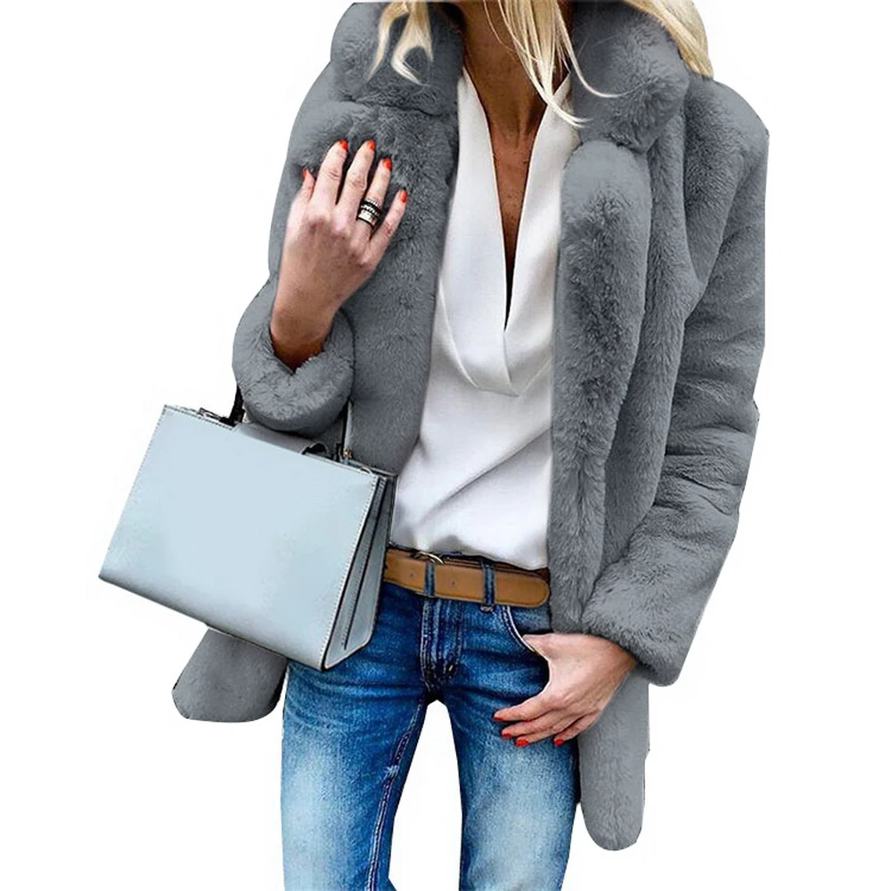 CALOFE Casual Long Faux Fur Cardigans Coat Thick Warm Winter Fluffy Long Sleeve Artificial Fur Jacket Female Outwear Slim Coat - Цвет: dark gray