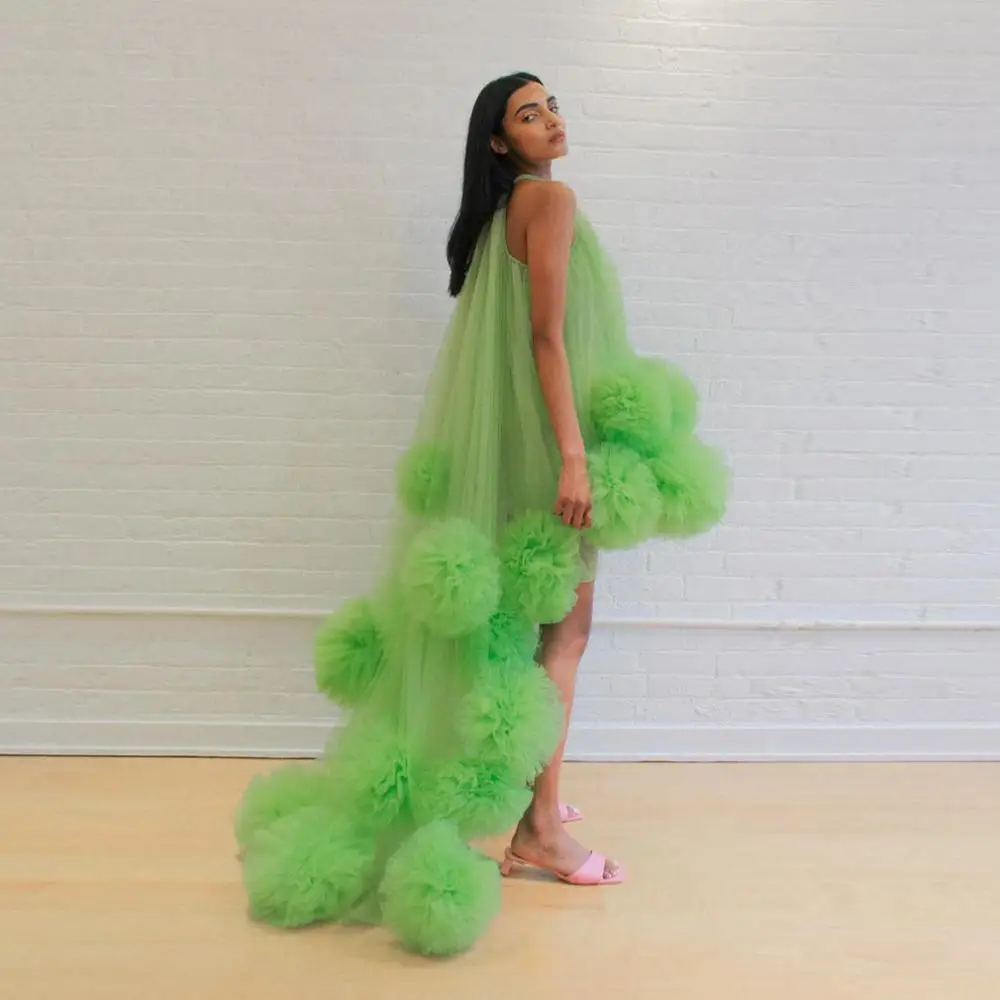 Chic Tulle Dress Green High Low 3D Flowers Unique