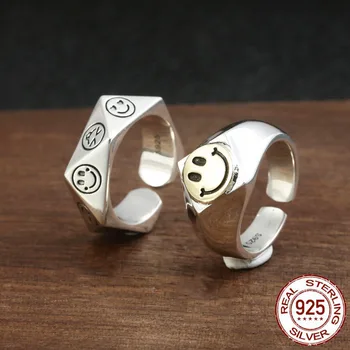 

Diamond Smiley Opening Pure 925 Sterling Silver Creativity Adjustable Rings for women Men Jewelry 2020 New Valentine's Gift