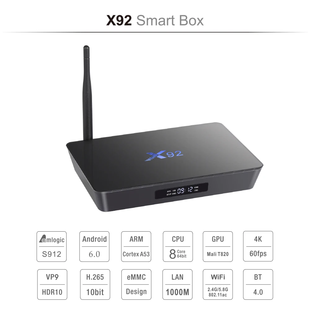  X92 TV Box S912 Android Smart TV Box Amlogic Octa Core 2GB/3GB 16GB/32GB 2.4G 5G Dual Wifi H.265 4K