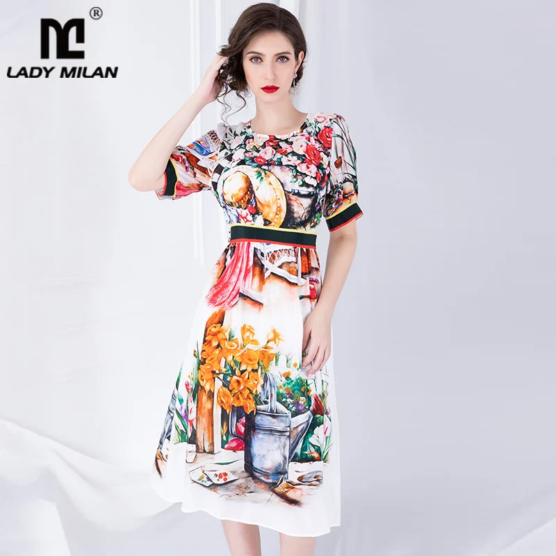

100% Pure Silk Women's Dresses O Neck Short Sleeves Floral Pattern Printed High Quality Fashion Runway Dresses