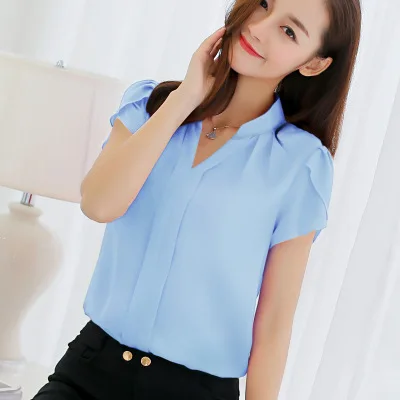 Женская рубашка, шифон, Blusas Femininas, топы, короткий рукав, элегантная, для девушек, формальная, офисная блузка, шифоновая рубашка размера «Плюс», одежда - Цвет: Skyblue
