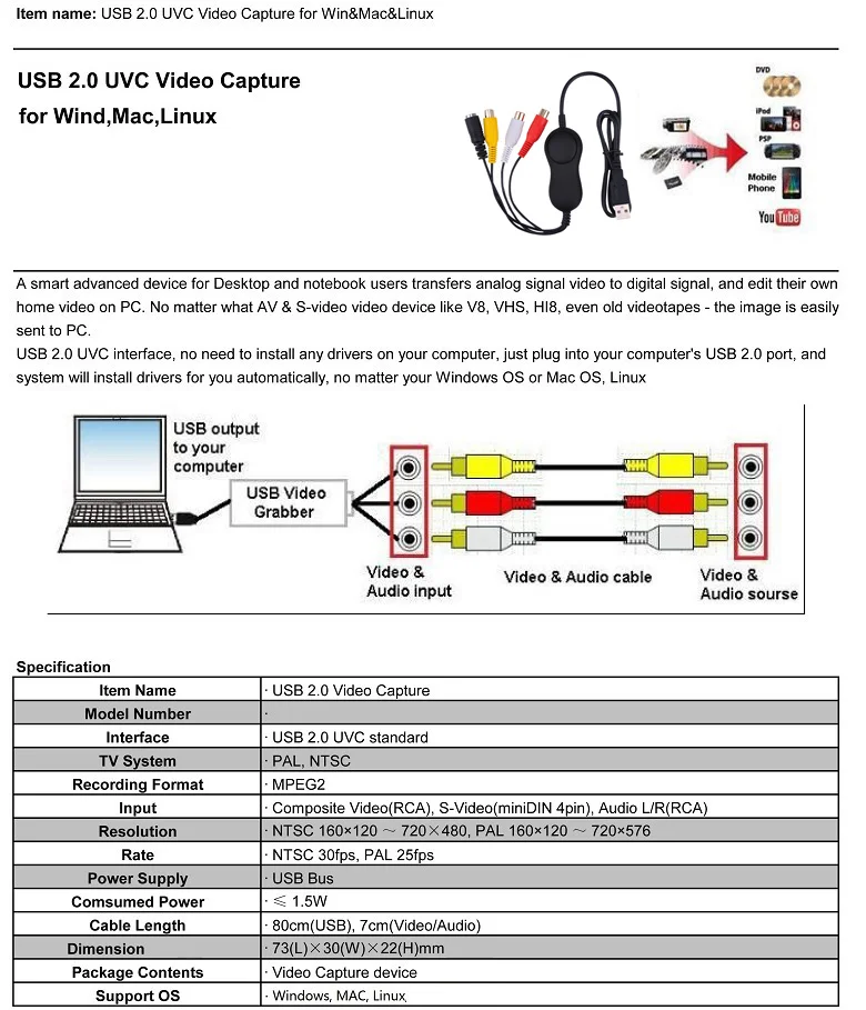 158 USB Audio Video Capture,Analog video recording for XBOX PS3 VHS Windows MAC