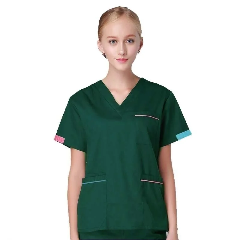 Kaufen [TOP] frauen Mode Peeling Tops Kurzarm Medizinische Uniformen Farbe blocking Design Baumwolle V Neck Krankenschwester kleidung