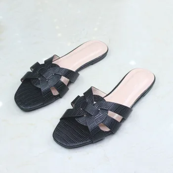 

Slippers 2020 Outside Wear Flat Bottom Soft Bottom Lizard Leather Metal PU Face Cross Slippers Silver Golden Sandals