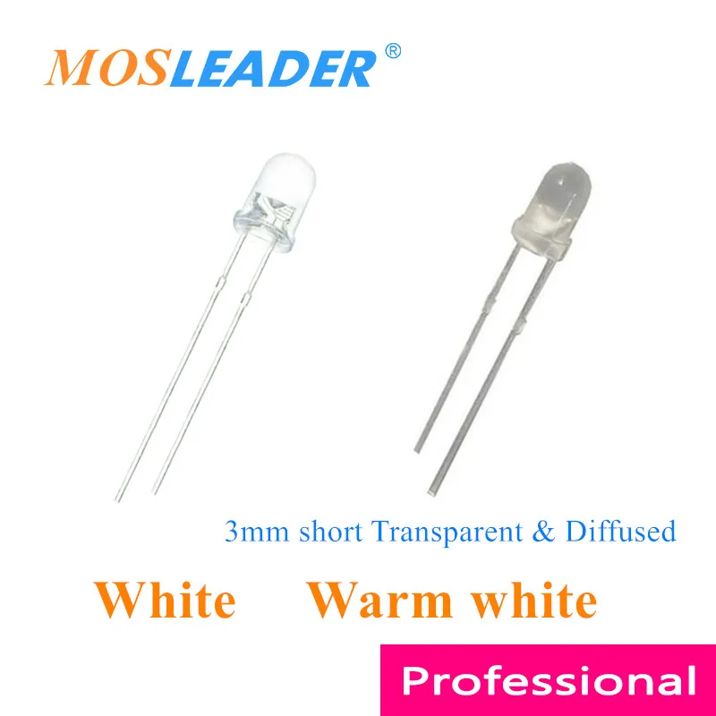 

Mosleader 1000 шт. 3 мм Светодиодные белые теплые белые F3 короткие контакты прозрачные и рассеиваемые светодиоды Дымчатая круглая китайская головка