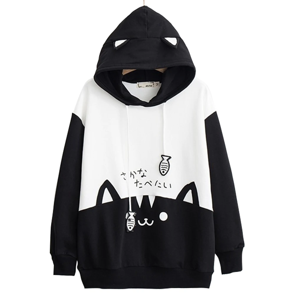 

Thin Hooded Fashion Autumn Spring Cartoon Cats With Pockets Daily Patchwork Casual Tops Long Sleeve Sweatshirt Women Hoodie