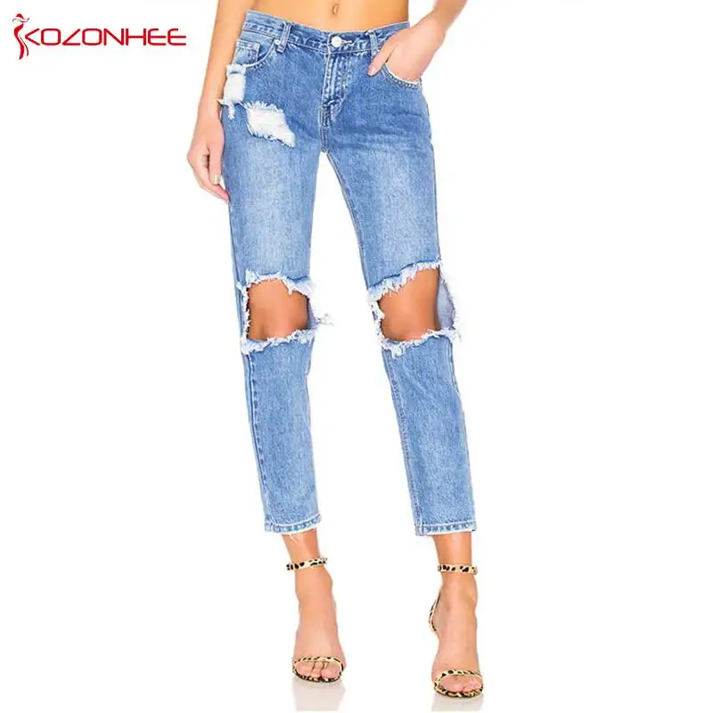 

Casual Straight Inelastic Hole Women Jeans With Mid Waist Ripped Female Ladies Straight Blue Ankle-Length Denim Pants T42