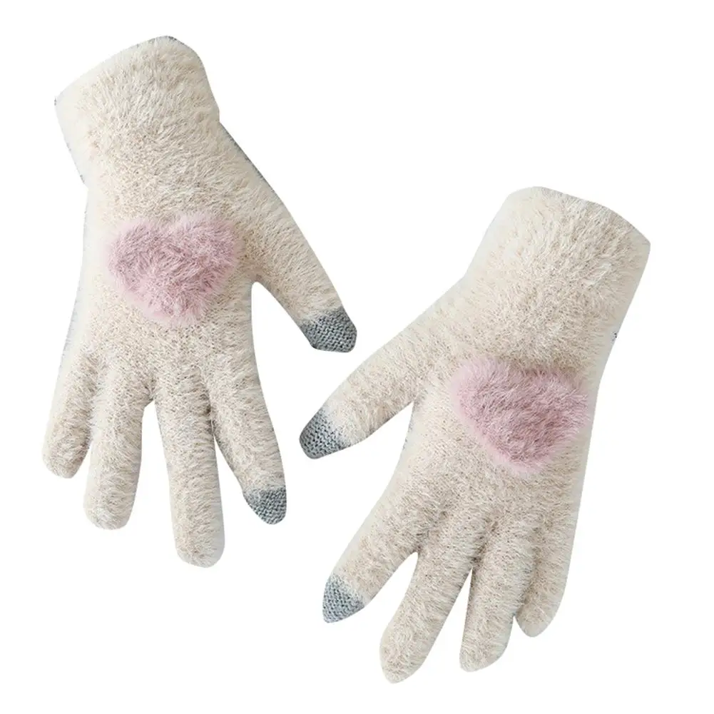 MISS M Зимние вязаные перчатки для девочек Корейский стиль плюшевые толстые теплые перчатки для сенсорного экрана женские уличные Верховые перчатки - Цвет: Beige