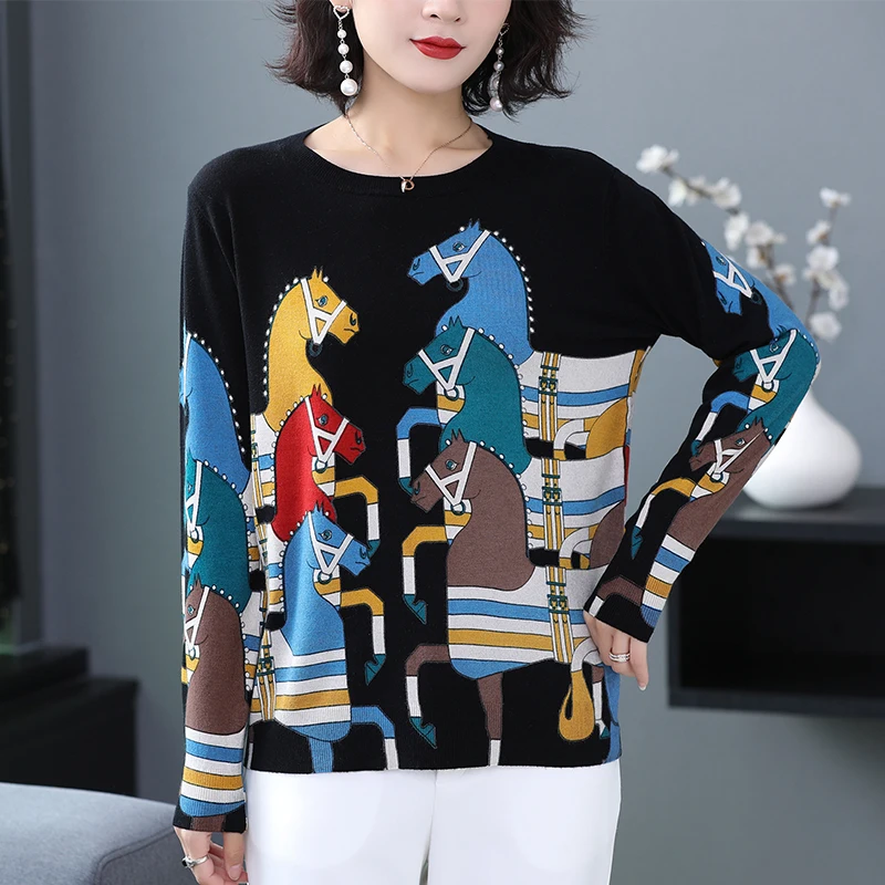 YISU вязаный свитер женский осенне-зимний пуловер с длинными рукавами и круглым вырезом с рисунком лошади Тонкий джемпер свитер женский - Цвет: Черный