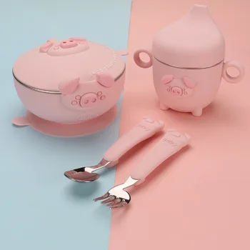 

Kid's Cutlery Set Stainless Steel Spoon Fork Bowl Cup Dinnerware Sets Silicone Anti-scald Anti-skid Cartoon Gift Tableware