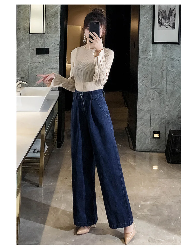 Для женщин Высокая Талия мама Джинсы женские Джинсовая ткань широкие джинсы синие свободные широкие брюки осень бойфренда джинсы Mujer Большие размеры