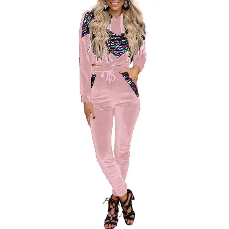 Костюм женский весенний спортивный лоскутный с длинным рукавом и капюшоном 2021 |