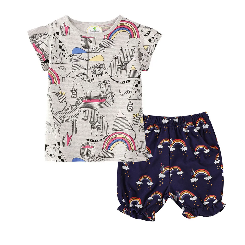 Children Fashion Clothes Set Girl Pony Cartoon Rainbow T-shirt Top Shorts Casual Sports | Детская одежда и обувь