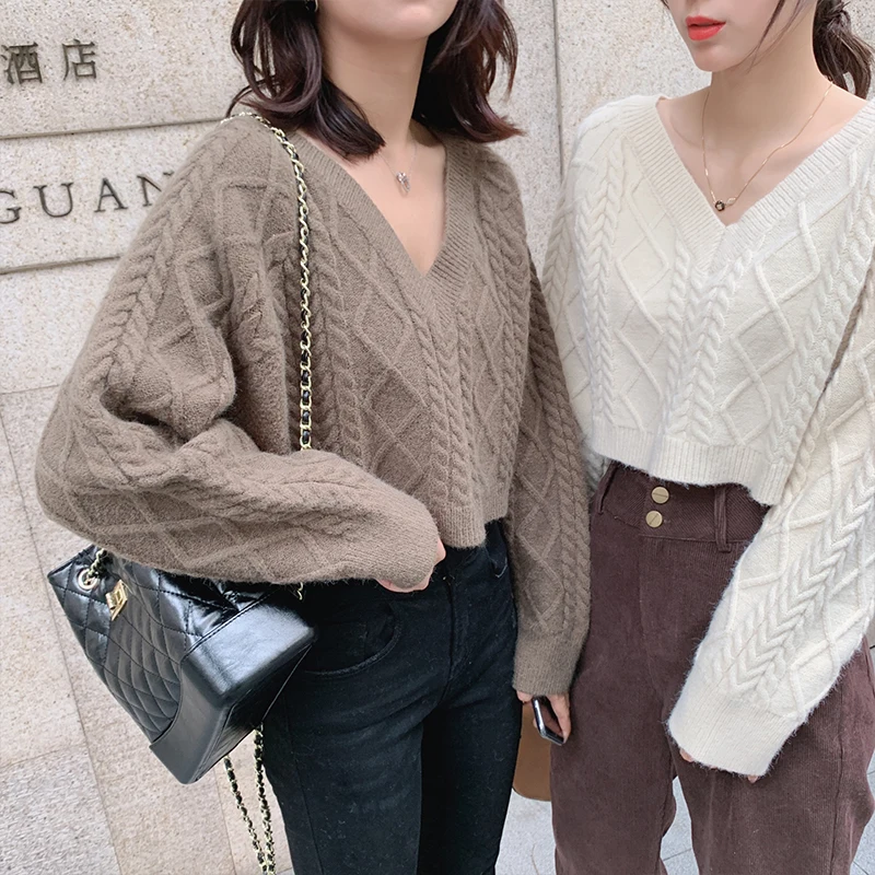 Mishow Осенняя мода Vneck короткий вязаный свитер Женский Повседневный свободный однотонный вязаный пуловер Топы MX19D5551