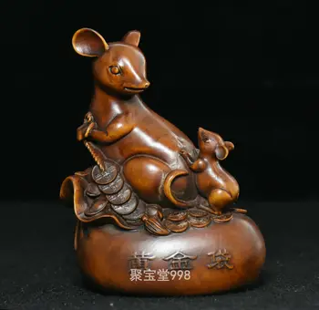 

wedding decoration Old China Feng Shui Boxwood Wood Carved Wealth Coin Bag Year Zodiac Mouse Statue