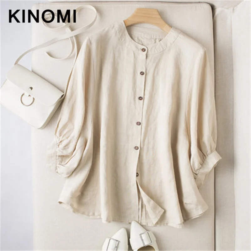 

KINOMI New Women Blouse Cotton Linen Tops For Ladies Round Neck Loose Shirt Casual Seven-quarter Sleeve Women Tops