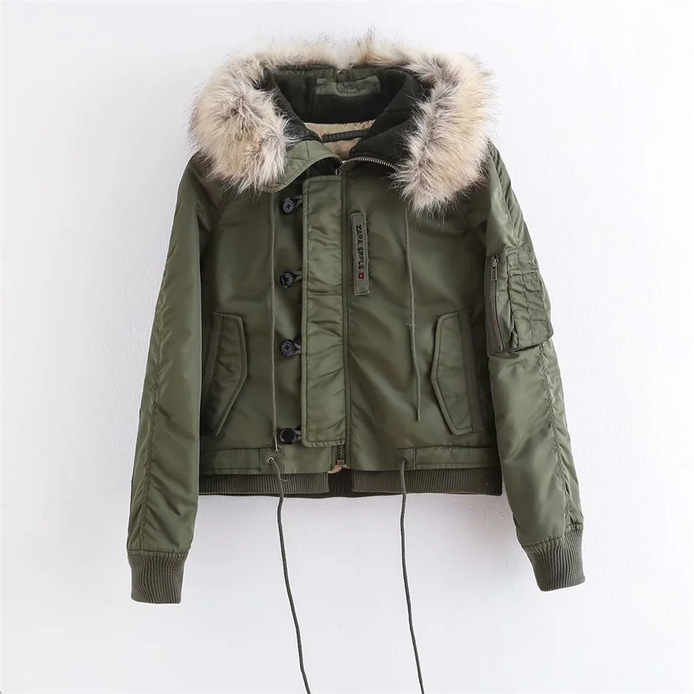 Женская одежда Za на осень и зиму короткая нейлоновая парка с искусственным мехом