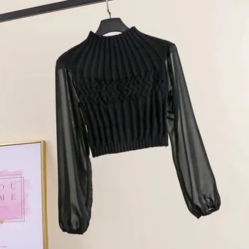 

Fashion Long Sleeve Chiffon Womens Blouses Feminina Casual Knitted Patchwork Blouse Crop blusas mujer de moda