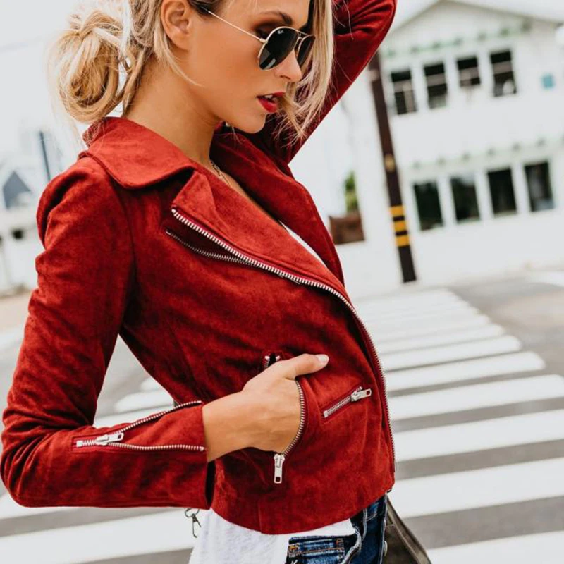 discounted  Womens Faux Suede Short Velvet Jacket Moto Biker Zip Up Slim Jackets Motorcycle Polyurethane Leathe
