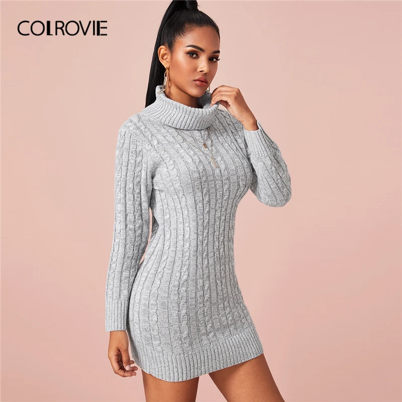 COLROVIE Grey Turtleneck Cable Knit 