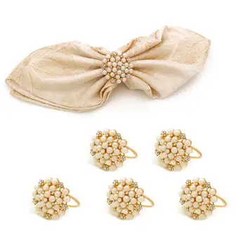 

TAI Top 6Pcs Gold Crystal Flower Napkin Rings for Wedding Party Holiday Metal Pearls Napkin Holder Table Decoration Towel Rings