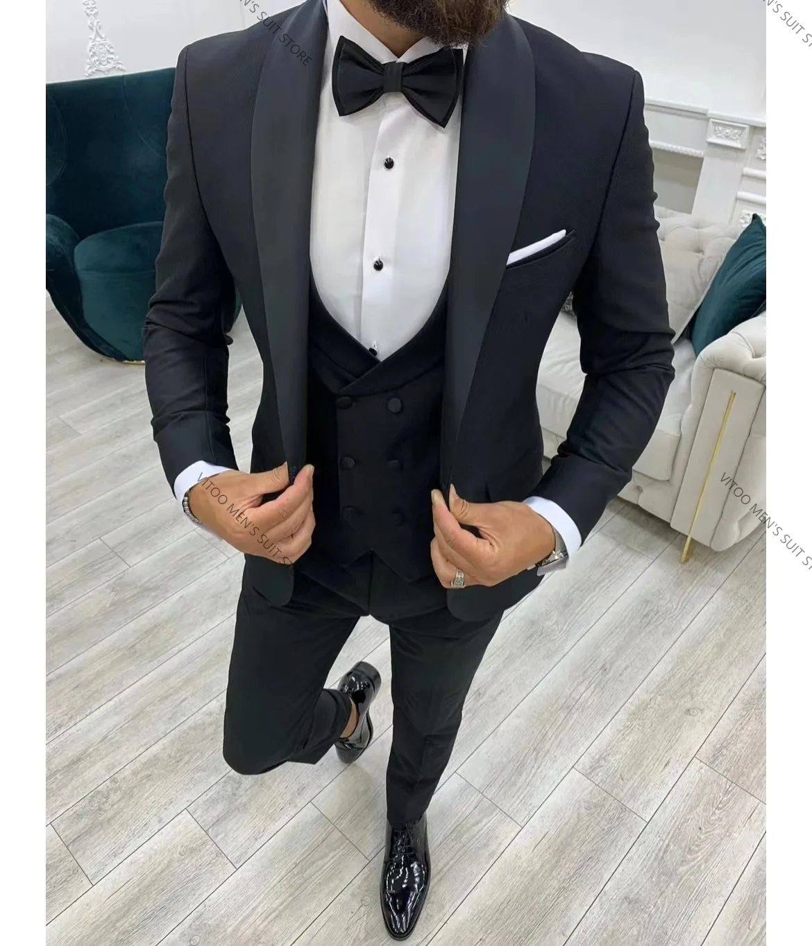 

Black Coat Trousers Men Suit 3Pcs Peak Lapel Blazer Slim Fit Black Shawl Business High-quality Men's Suit Wedding Costume Blazer