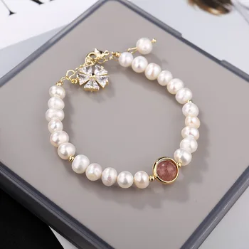 

New Arrival Natural Baroque Freshwater Pearl 14K Gold Filling Strawberry Quartz Ladies Bracelet Jewelry Female Student Party