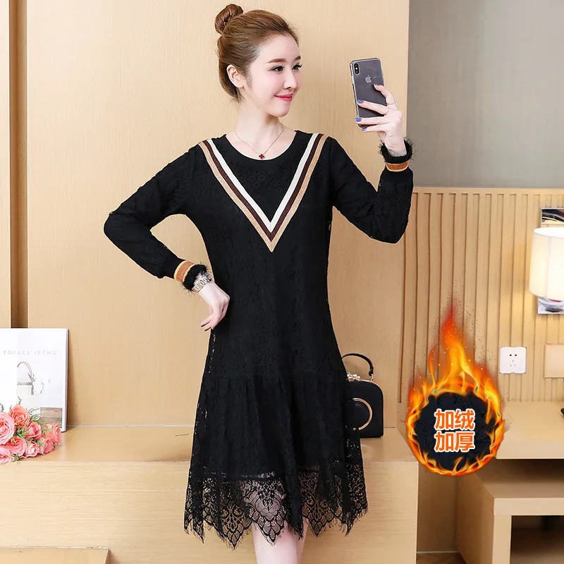 

Large Size Dress 2019 Autumn & Winter New Style Brushed And Thick Long Sleeve Lace Splicing Dress Plus-sized Womenswear Mm Base
