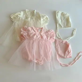 

2020 Korea Style Girls Patchwork Romper With Hat Fashion Summer Toddler Girls Jumpsuit 0-2t