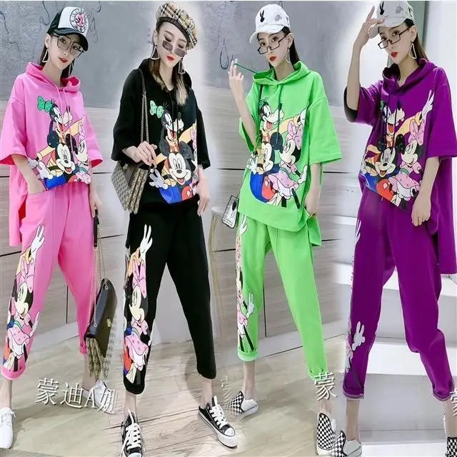 Spring Summer Loose 2 Pieces Women's Cute Cartoon Print Tracksuits Twinsets Hooded Blouses Tops And Casual Pants Suits NS680 | Женская