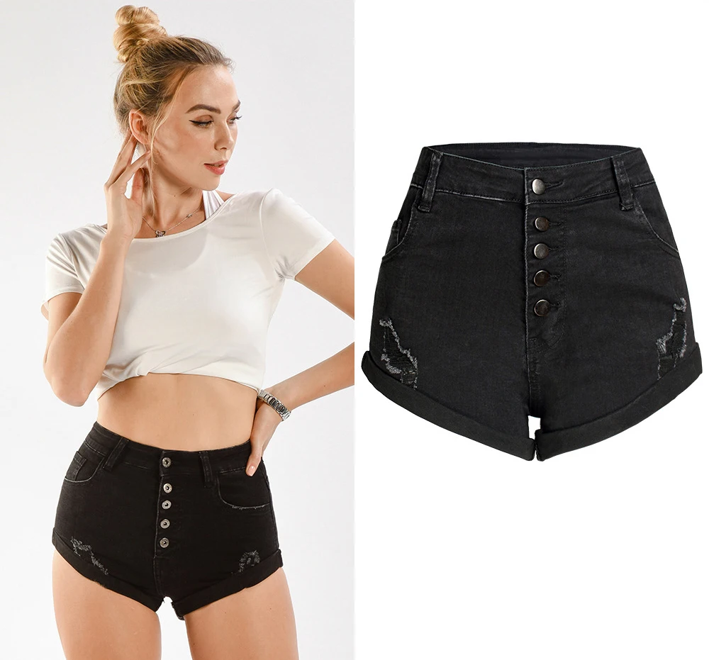 

Womens Summer Black Elastic Denim Shorts Trendy Curling Single Breasted High Waist Jeans Female Wild Fasion Mini Shorts D495
