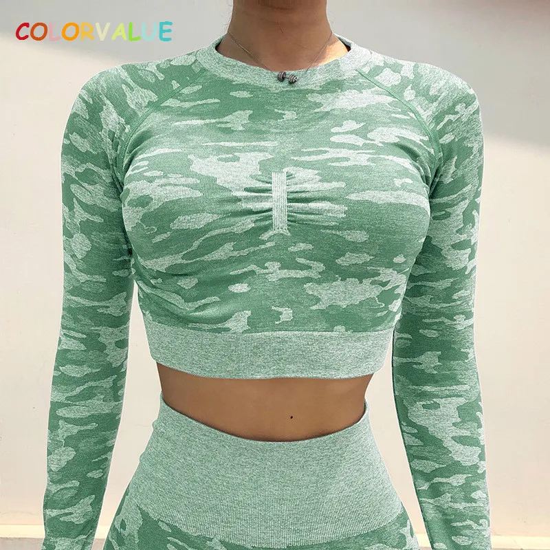 

Colorvalue Camo Hollow Out Sport Workout Crop Tops Women Seamless Stretchy Fitness Gym Long Sleeve Crop Shirts with Thumb Holes