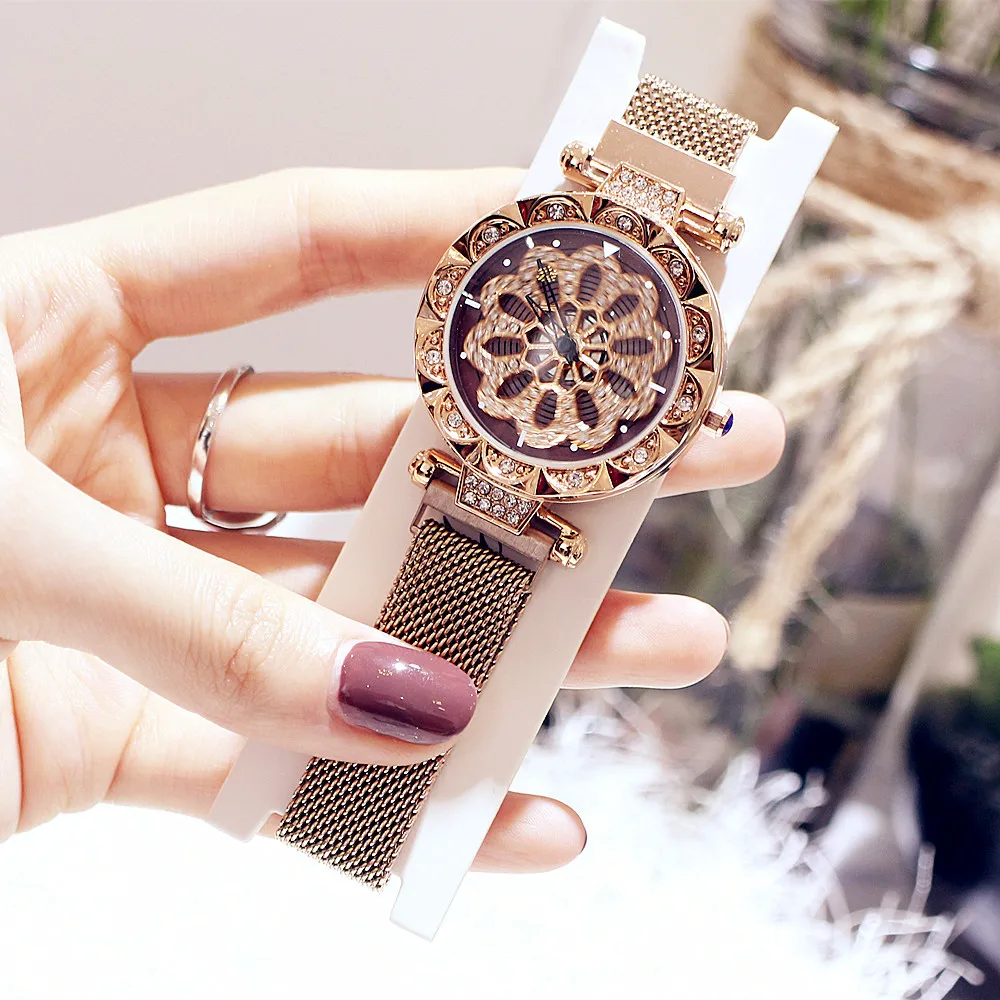 

Popular Gorgeous Inlaid Zircon Dial Rotating Quartz Watch Running Ladies Watch Milan Net Waterproof Two Table 34mm Birthday Gift