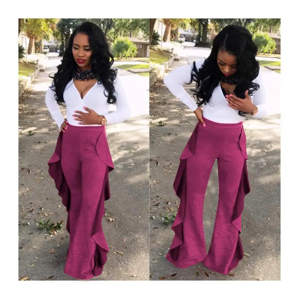 

2019 NEWON Double Side Ruffle Spliced Flare Pants Mid Waist Solid 2 Color Fashion Boot Cut Pants Women Long Pants MM1054