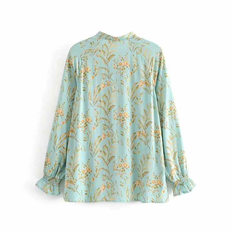 Винтажная шикарная Женская хлопковая пляжная богемная зеленая блузка с цветочным принтом, рубашка с оборками, свободные рубашки в стиле бохо
