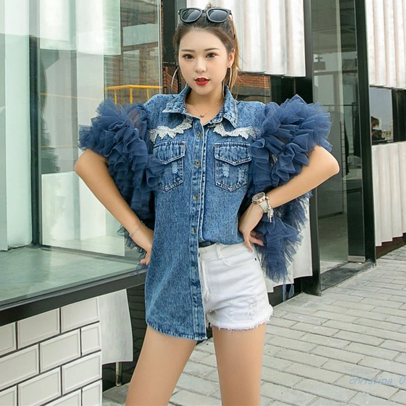 

2020 New Spring Denim Women Coat Summer Mesh Patchwork Women jean Jacket Sleeveless Plus Size Loose Female Fashion Clothes NZ102
